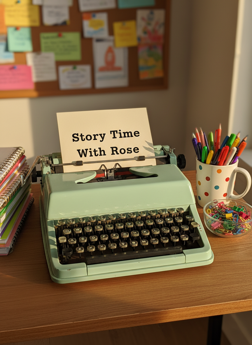 A classic, slightly battered typewriter in pastel mint sits centered on a tidy writing table, a freshly loaded page protruding with the title “Story Time With Rose” typed in uneven black letters. Beside it, a rainbow stack of notebooks, a jaunty polka-dot mug of pens, and a small, overstuffed bowl of mismatched paperclips suggest a mind full of stories. Golden hour sunlight streams through an unseen window, creating warm highlights on the metal keys and soft shadows across the table. Captured from a slightly elevated angle in crisp photographic realism, the composition uses the rule of thirds, with the typewriter in sharp focus and the background of blurred, colorful index cards pinned to a corkboard adding lively texture and playful energy.