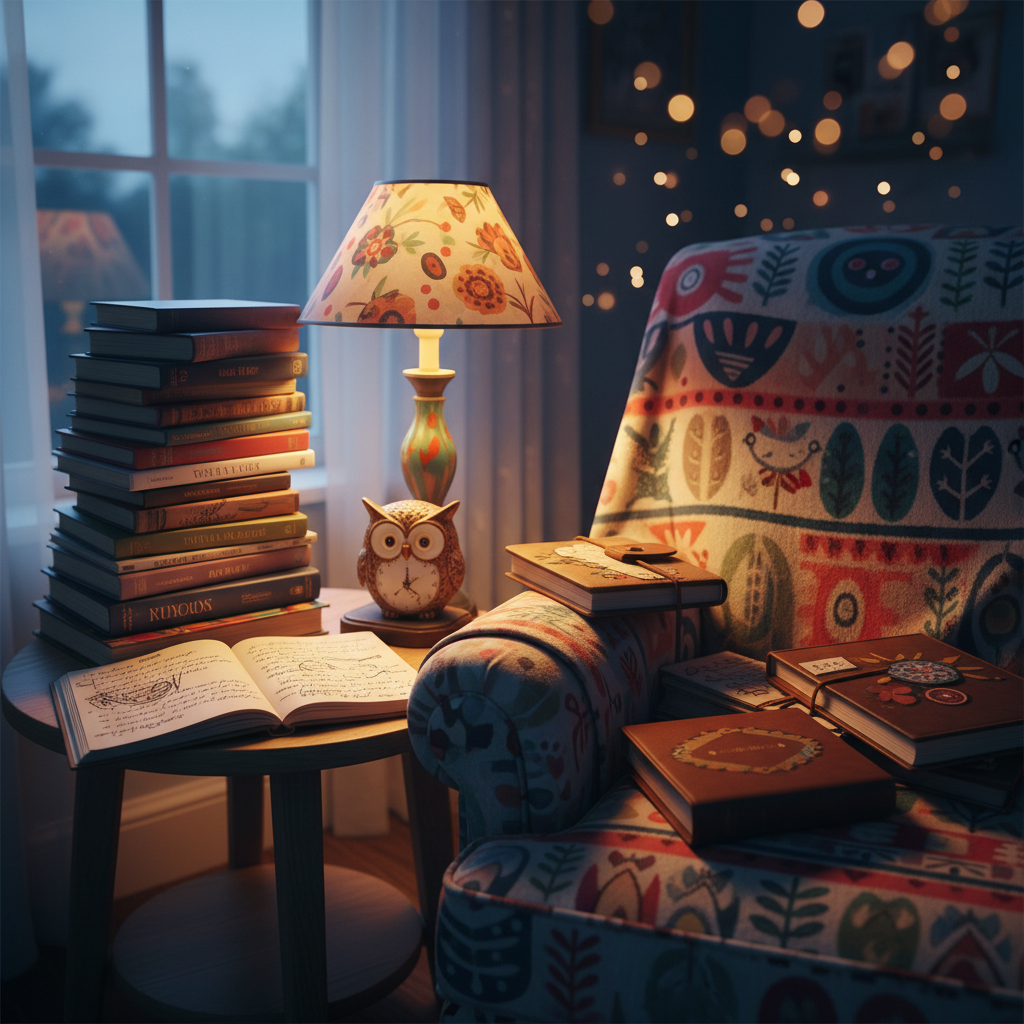 A cozy reading nook anchors the scene: an overstuffed armchair draped with a bright, patterned blanket, a small round side table overflowing with quirky, mismatched journals, and a towering stack of storybooks leaning precariously like it might topple at any second. A whimsical lamp with a floral shade casts warm, golden light, mixing with faint evening light from a nearby window. On the table, an open notebook with messy, looping handwriting sits beside a whimsical ceramic owl-shaped clock frozen at an odd time. Shot from a wide, slightly low angle in photographic realism, the scene feels intimate and playful, with soft-focus fairy lights twinkling in the background, creating subtle bokeh and suggesting late-night, you-can’t-make-this-up story sessions.